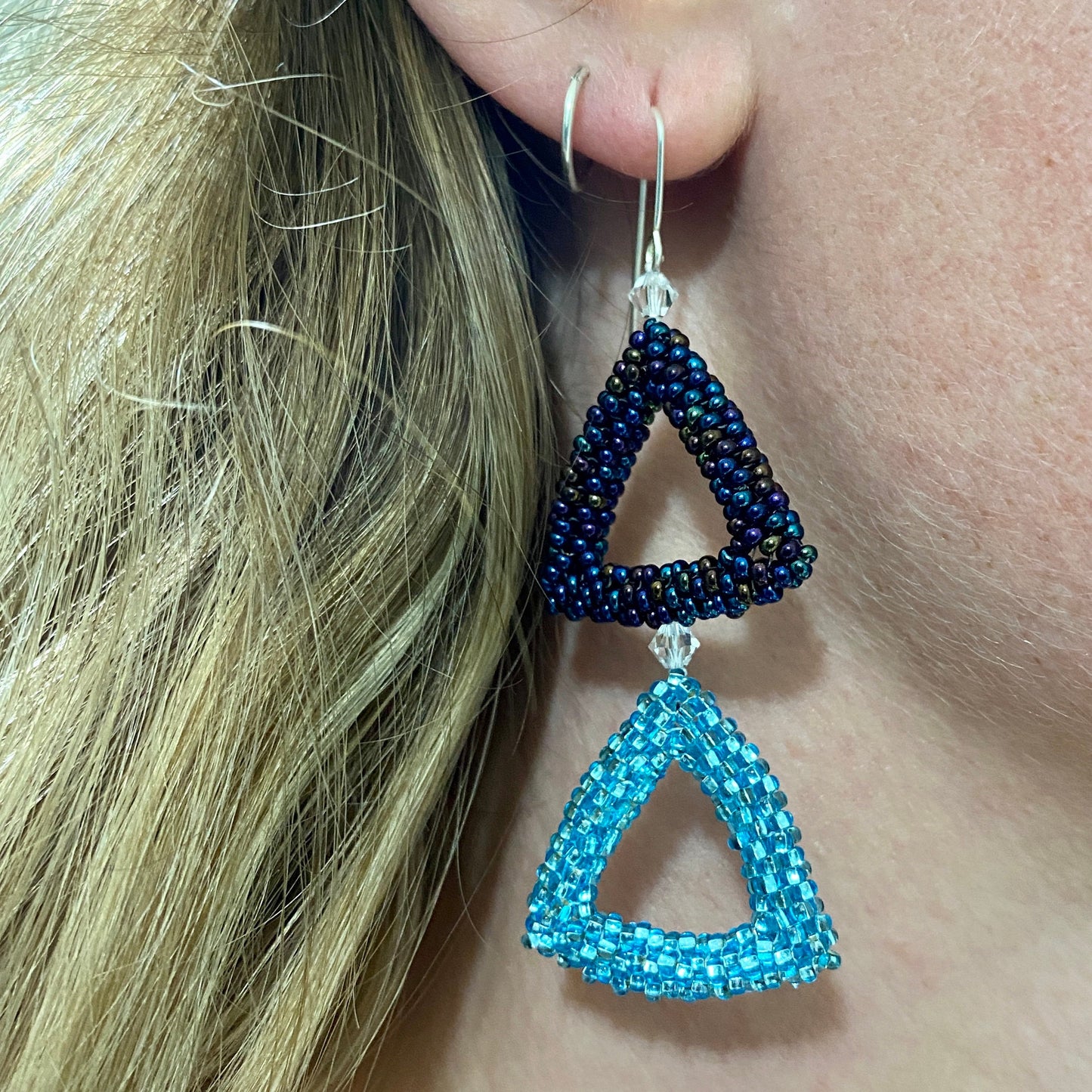 Blue Beaded Triangle Dangle Earrings