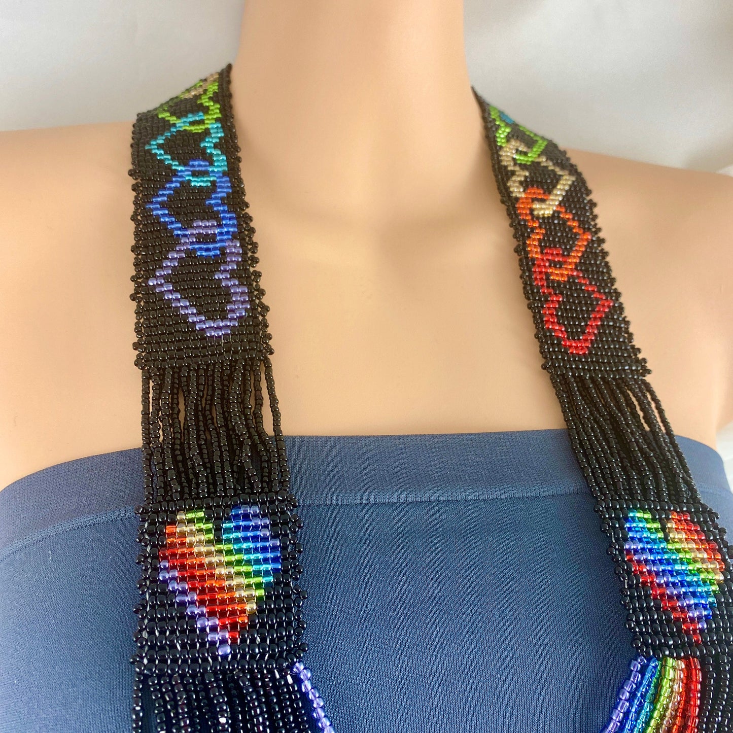 Rainbow and Black Beaded Heart Necklace