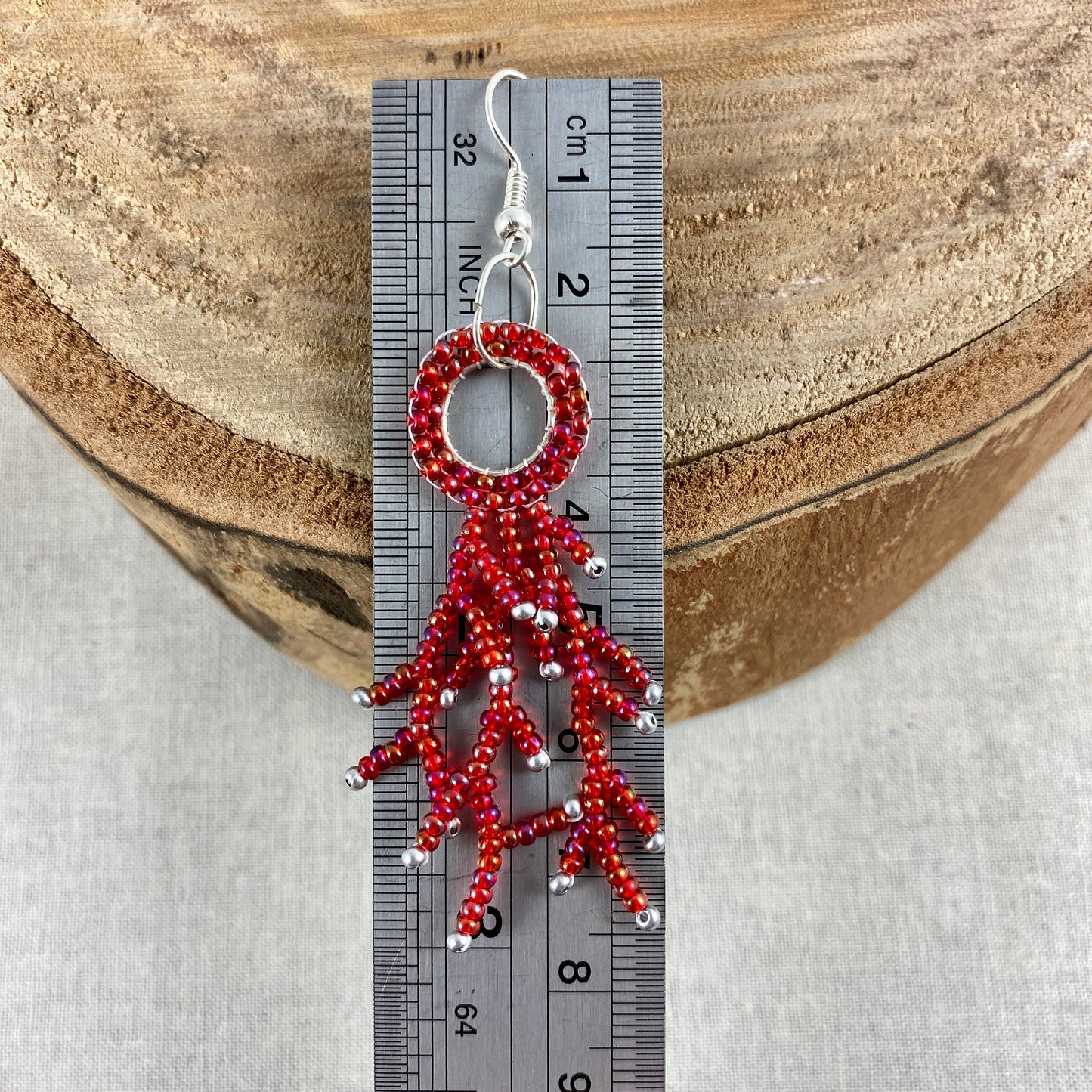 Red Beaded Fringe Dangle Earrings