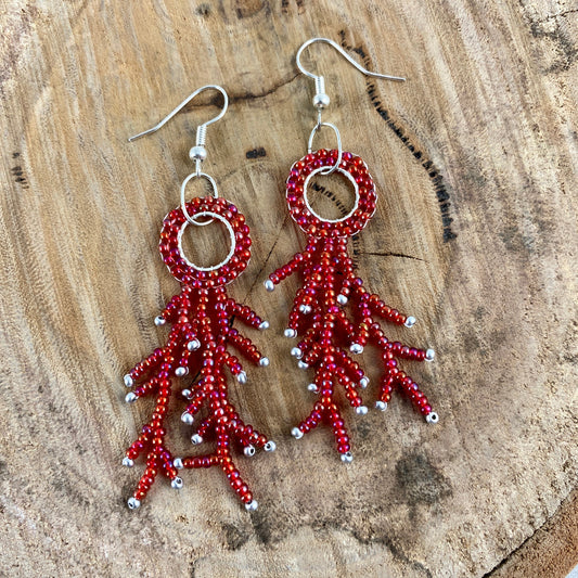 Red Beaded Fringe Dangle Earrings