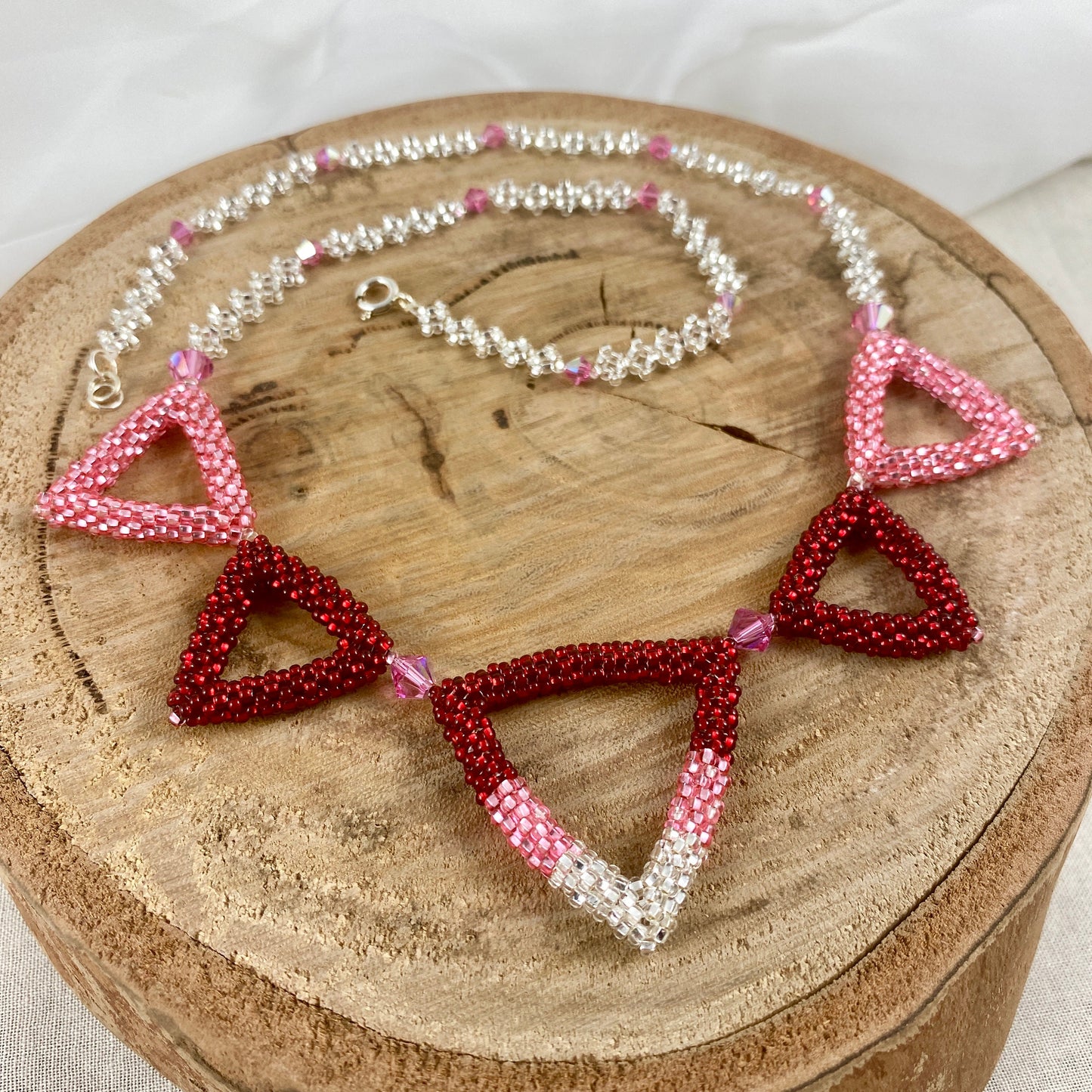 Pink and Red Beaded Triangle Necklace