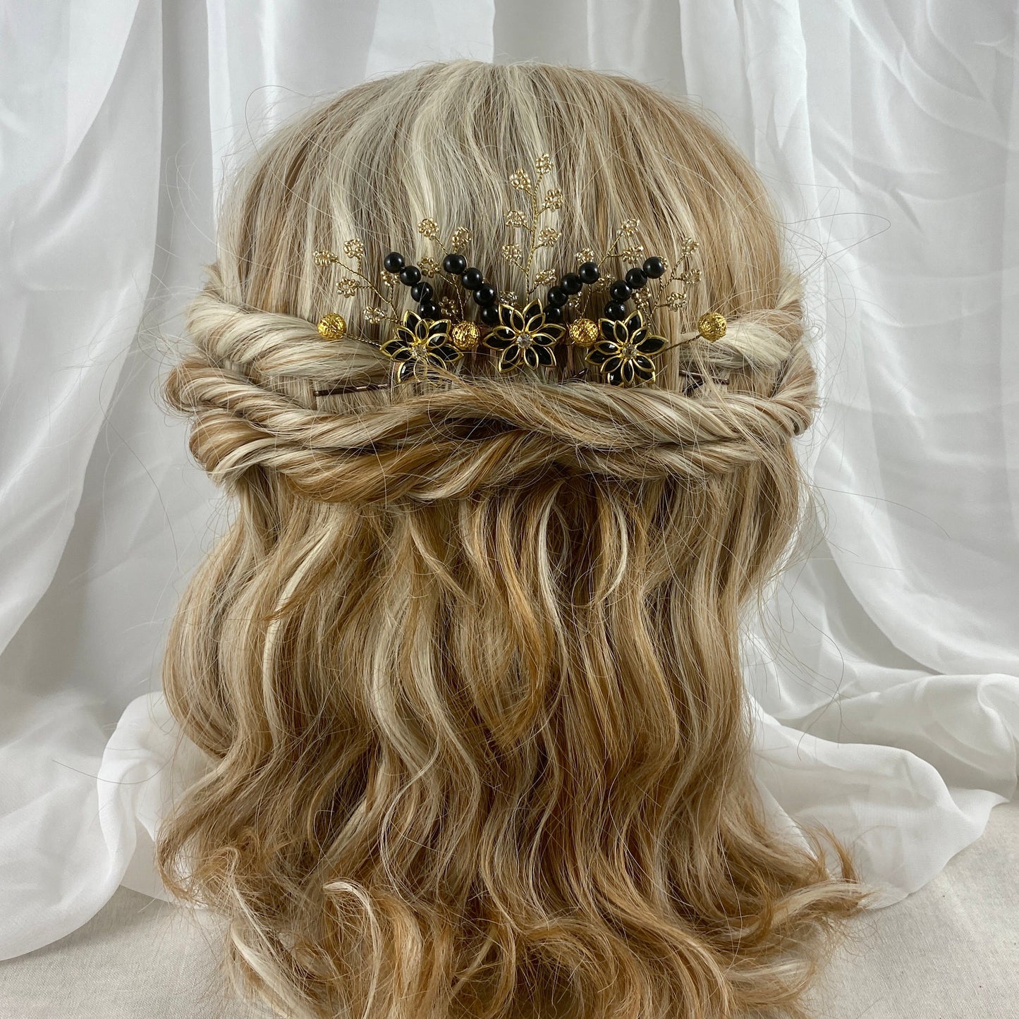 Black and Gold Beaded Hair Accessories - Wedding Set