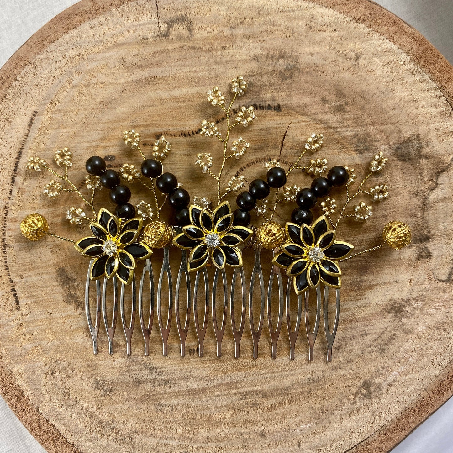 Black and Gold Beaded Hair Accessories - Wedding Set