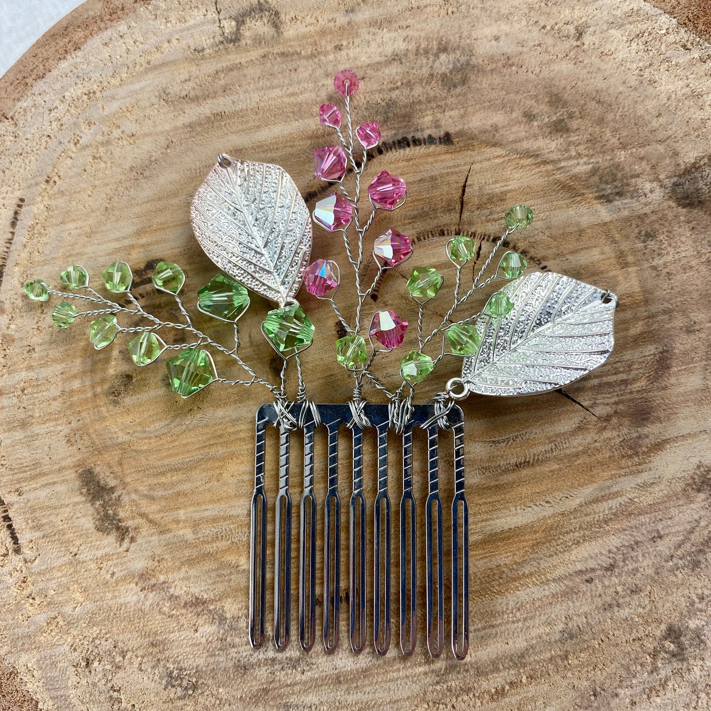 Crystal Beaded Hair Comb Accessory with Silver Leaves - pink, blue, red, green