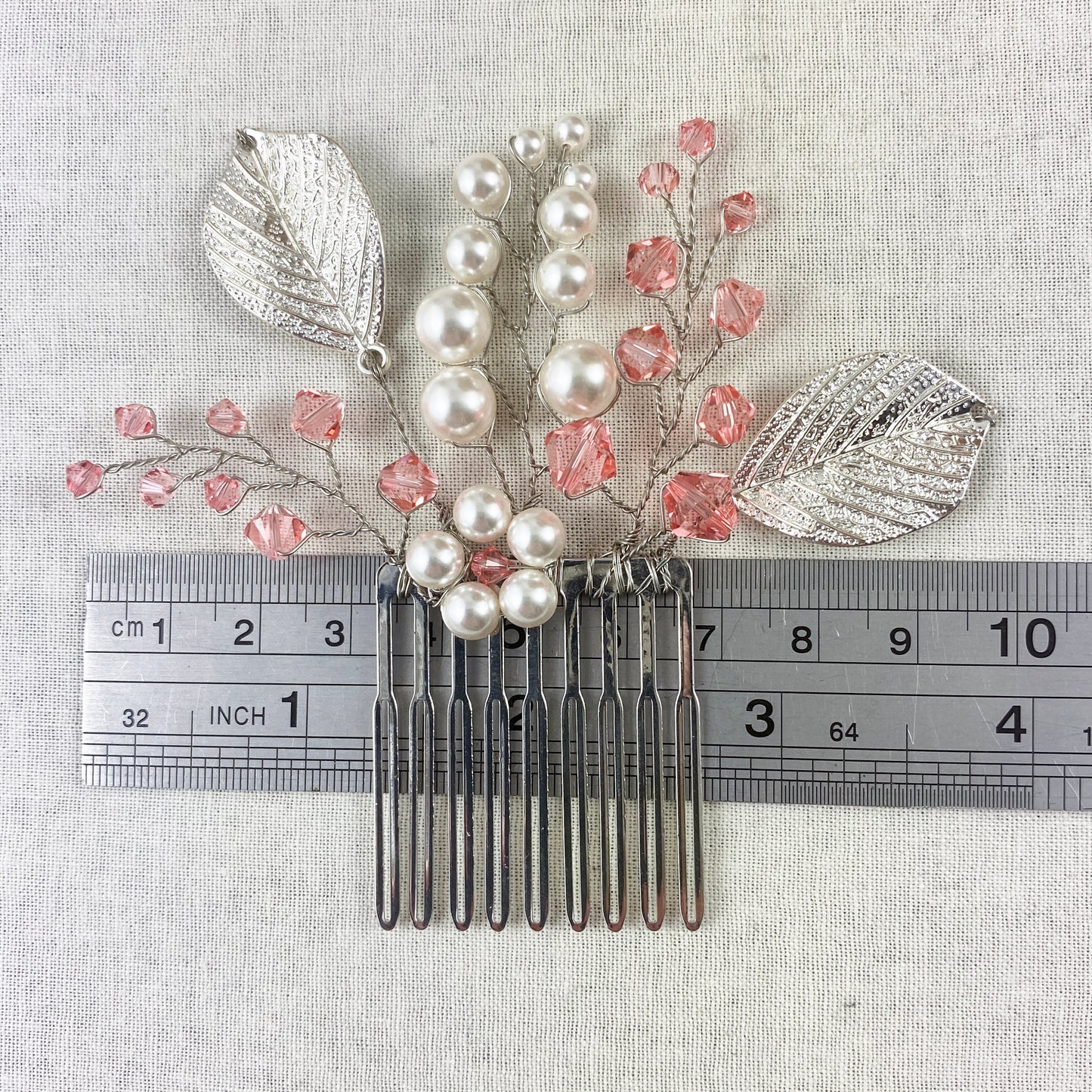 Crystal Beaded Hair Comb Accessory with Silver Leaves - pink, blue, red, green