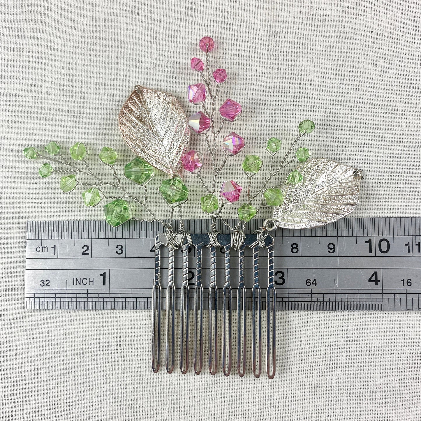 Crystal Beaded Hair Comb Accessory with Silver Leaves - pink, blue, red, green