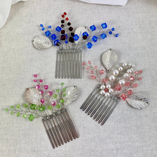 Crystal Beaded Hair Comb Accessory with Silver Leaves - pink, blue, red, green