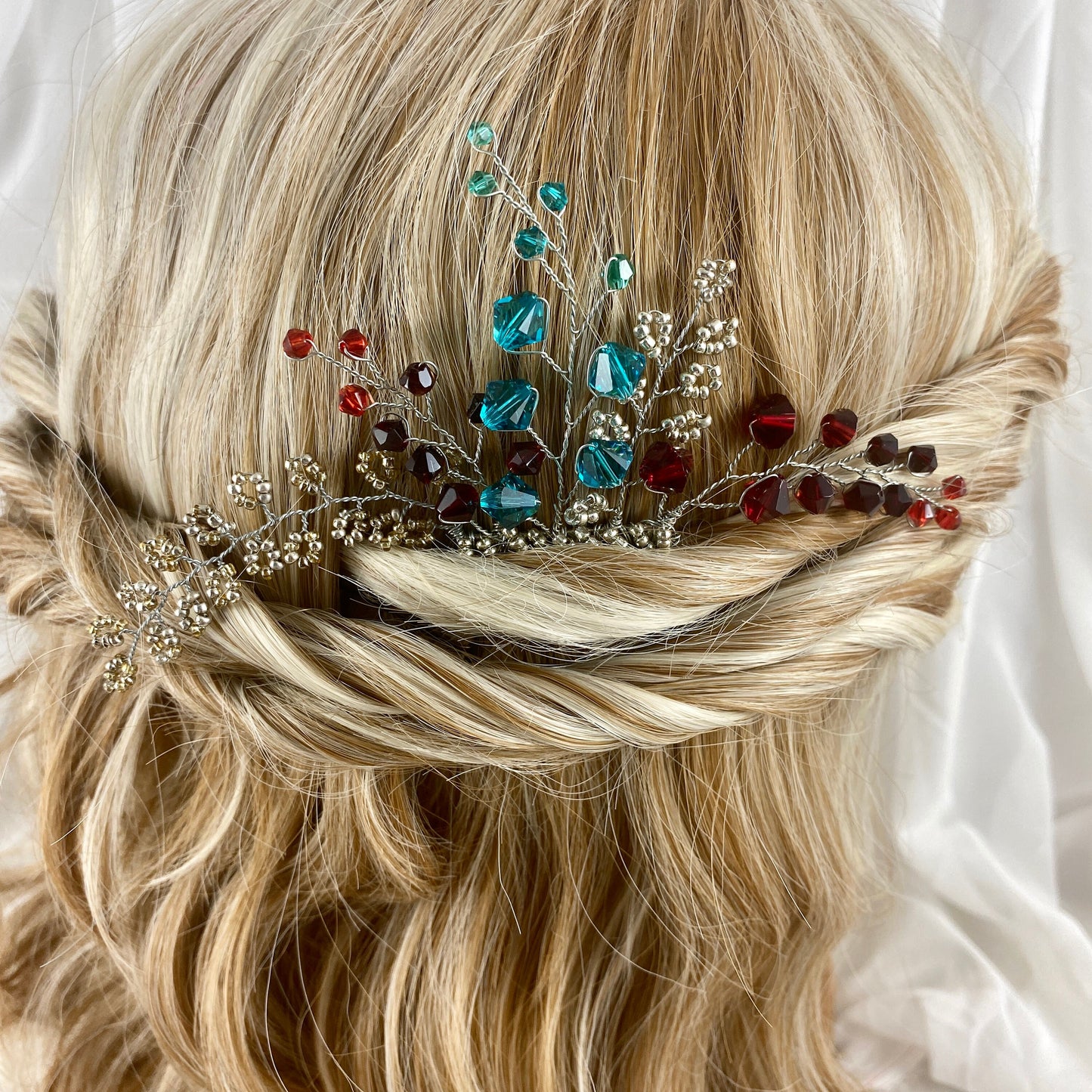 Crystal Beaded Hair Comb Accessory - black, pink, red, turquoise, purple, silver