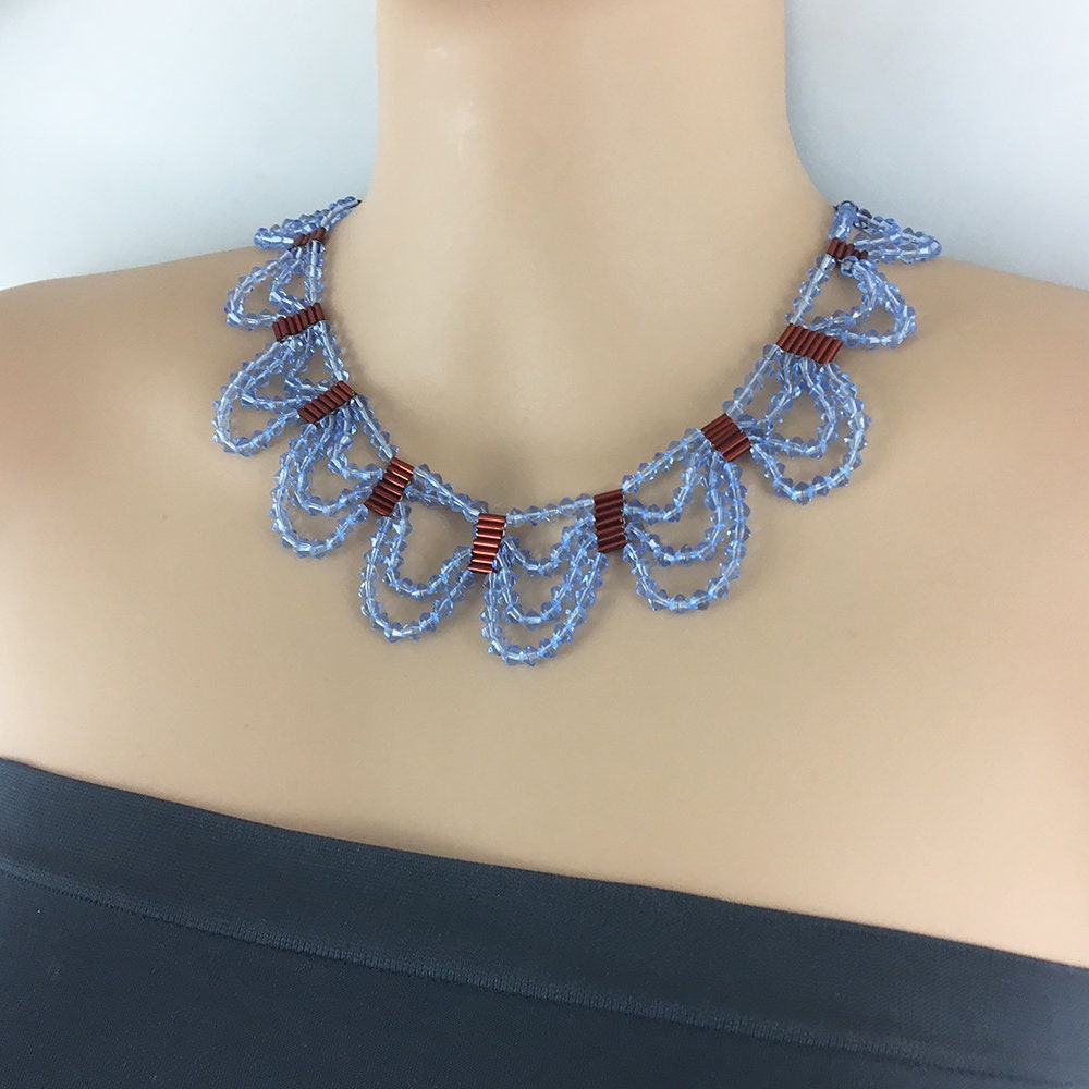 Blue Crystal Beaded Necklace with red beads