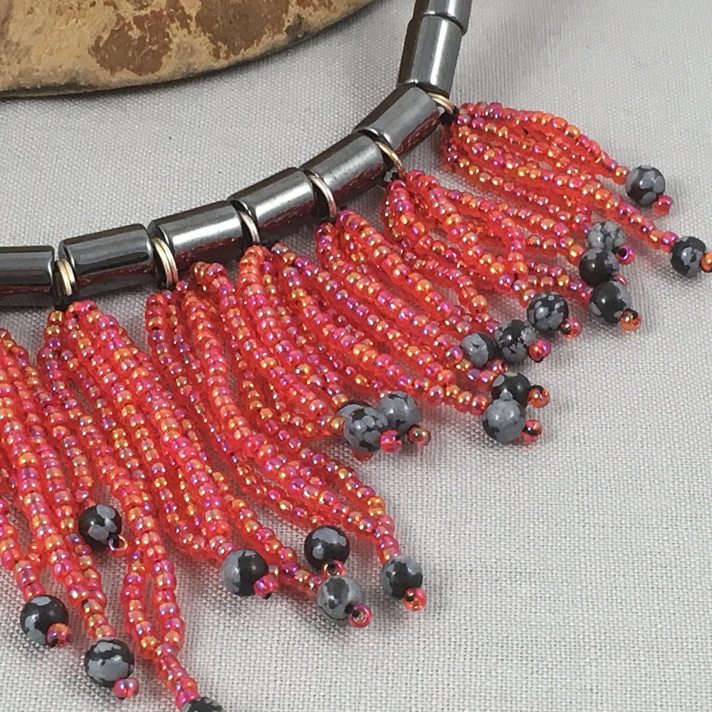 Silver and Red Beaded Necklace - short choker necklace