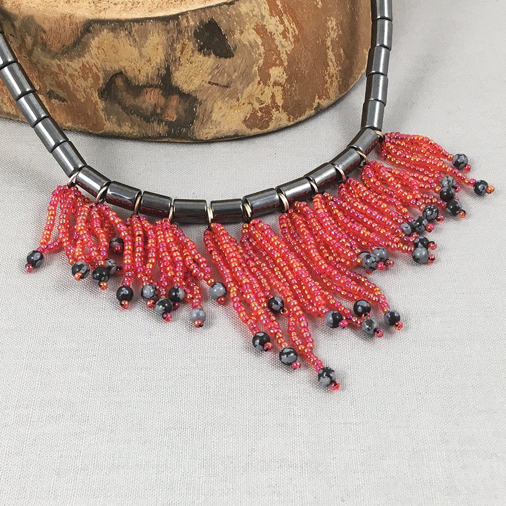 Silver and Red Beaded Necklace - short choker necklace