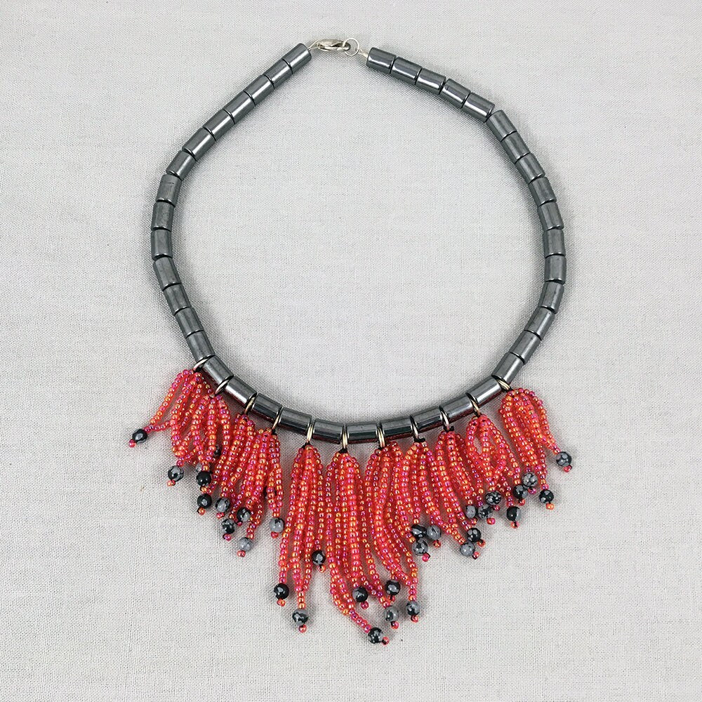 Silver and Red Beaded Necklace - short choker necklace