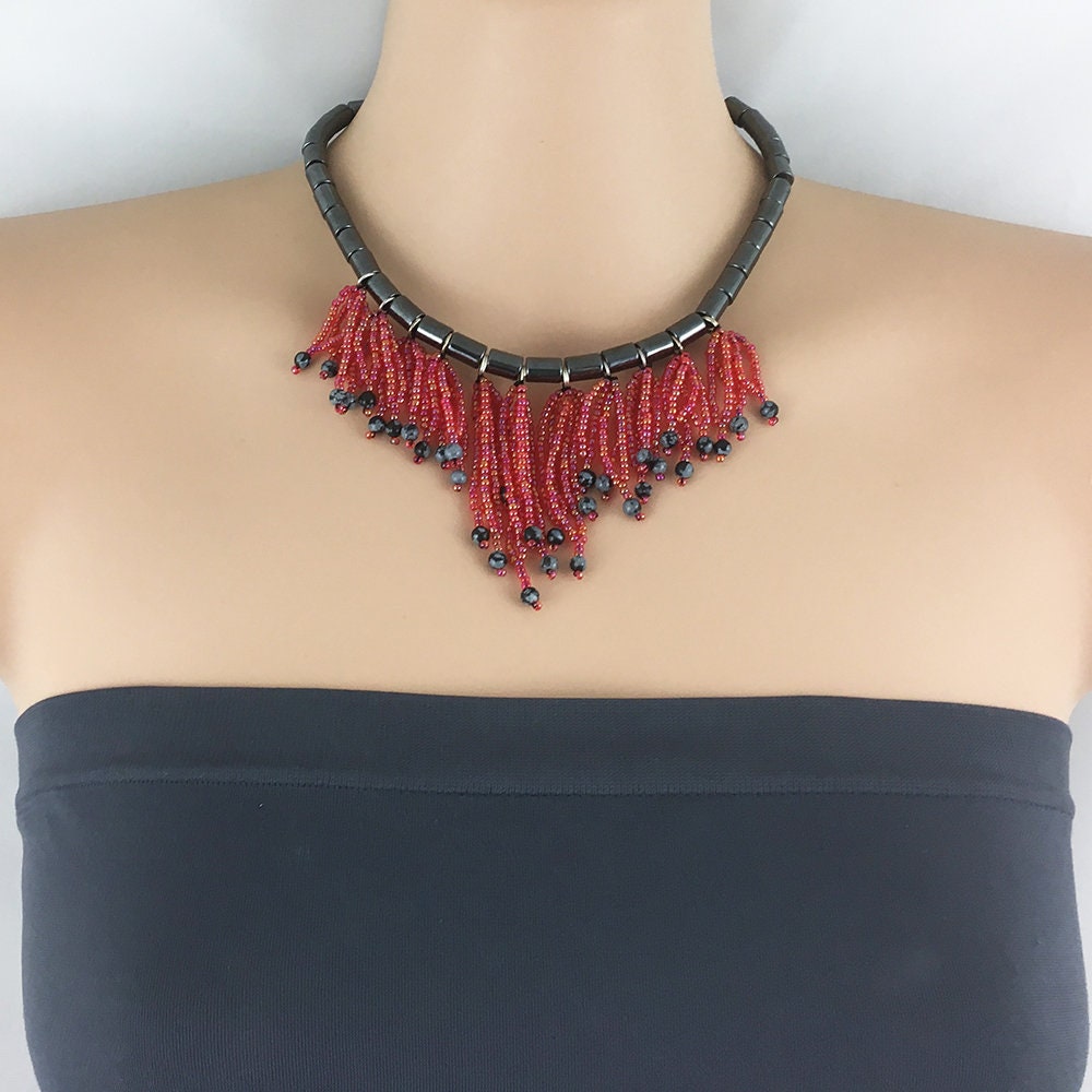 Silver and Red Beaded Necklace - short choker necklace