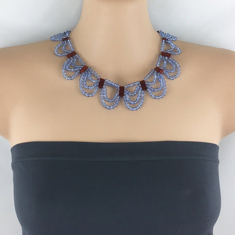 Blue Crystal Beaded Necklace with red beads