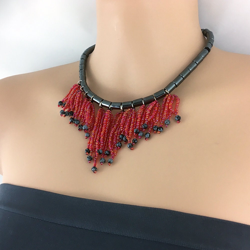 Silver and Red Beaded Necklace - short choker necklace