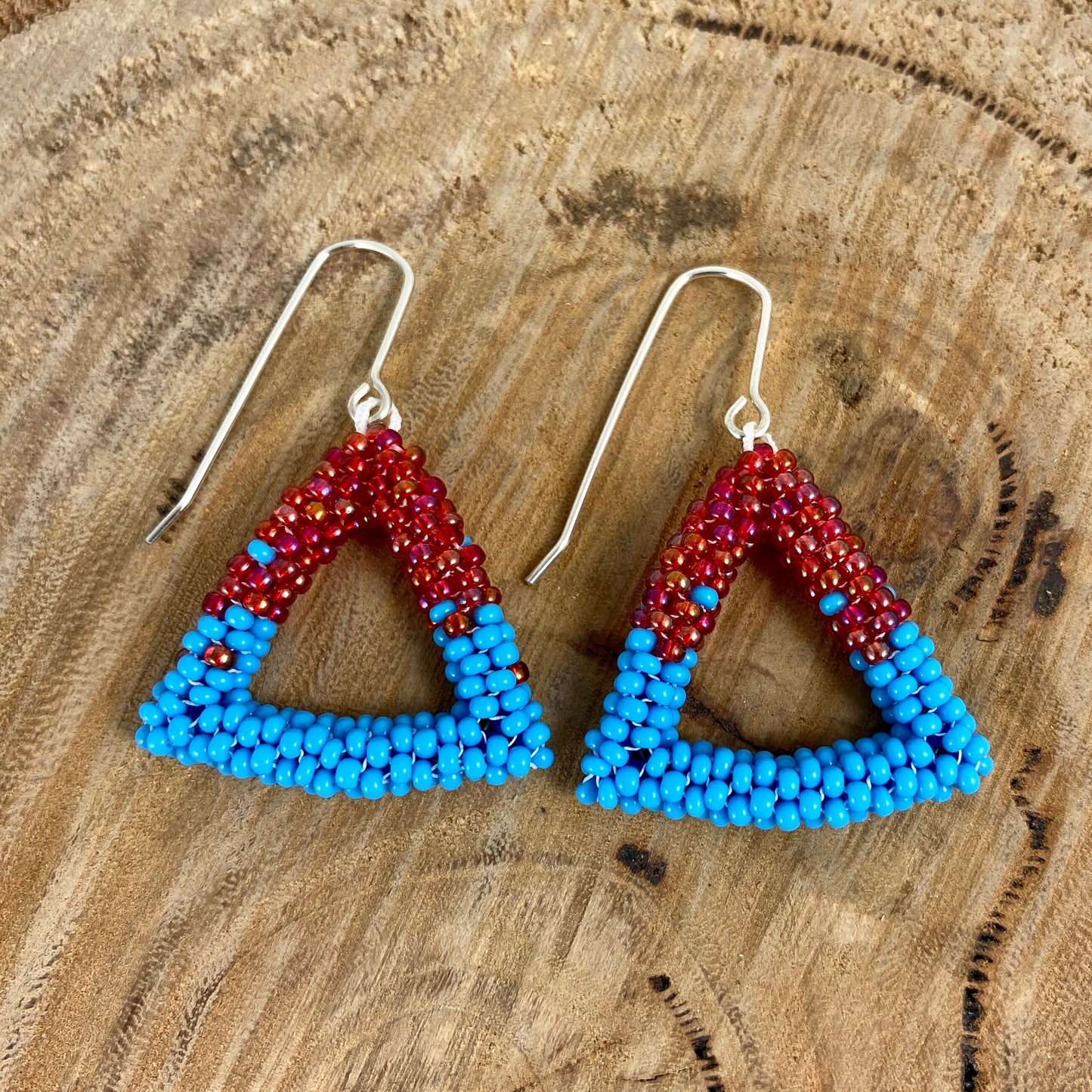 Beaded Triangle Dangle Earrings in Blue/Red or Purple