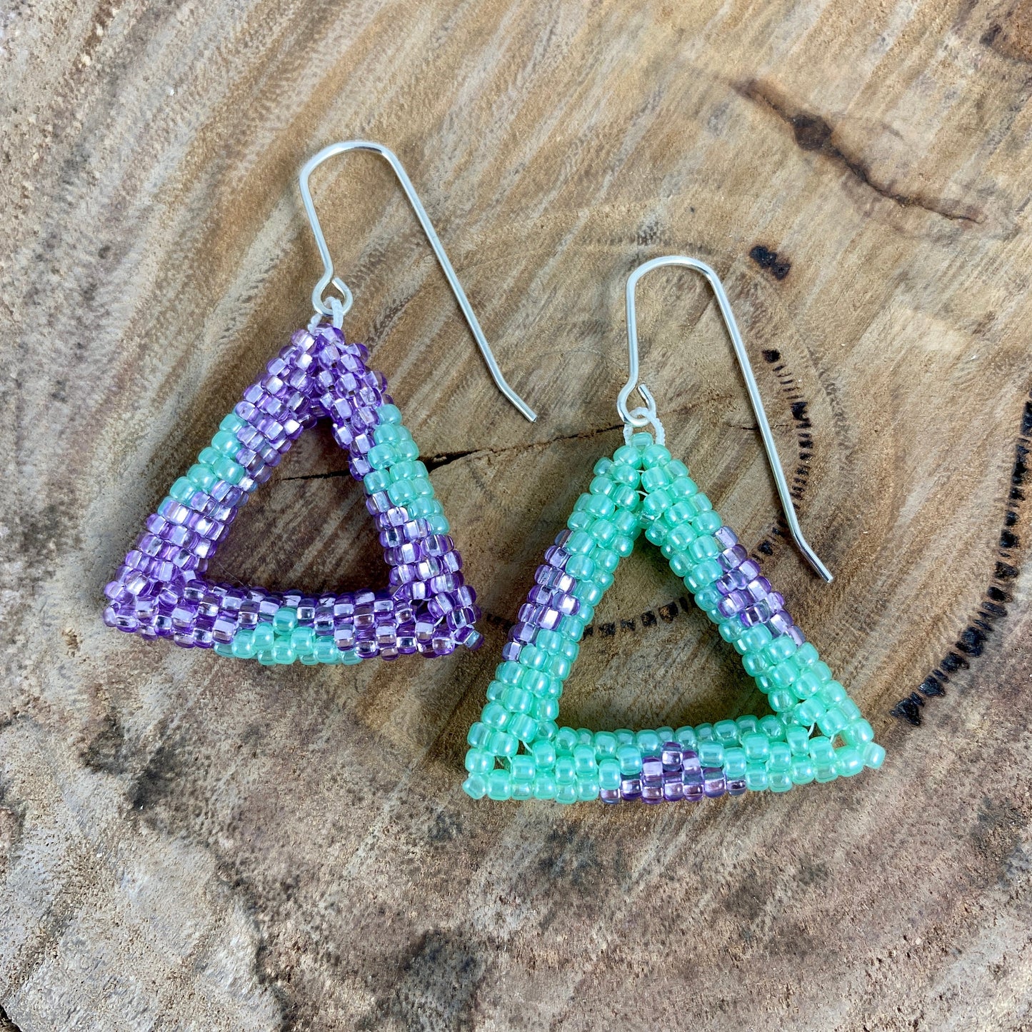 Beaded Triangle Dangle Earrings in Green/Purple or Grey/Yellow