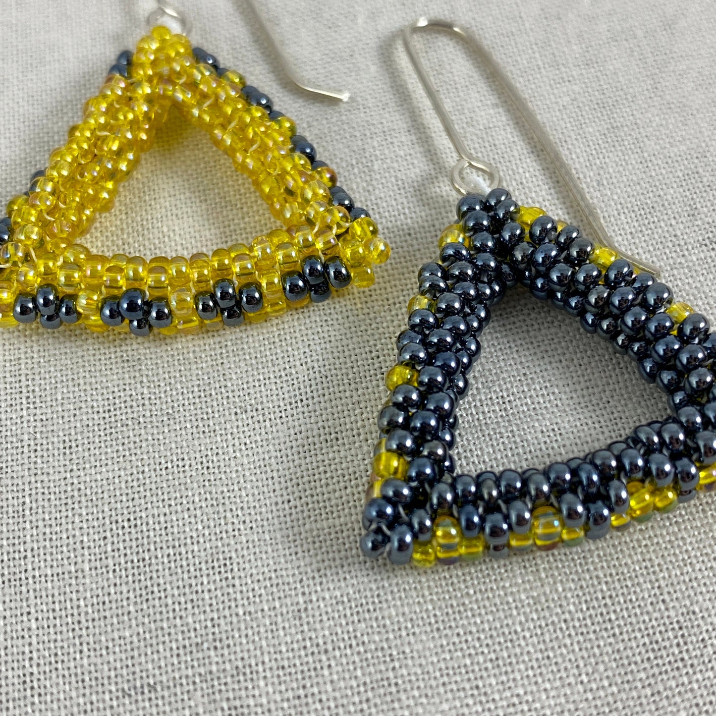 Beaded Triangle Dangle Earrings in Green/Purple or Grey/Yellow