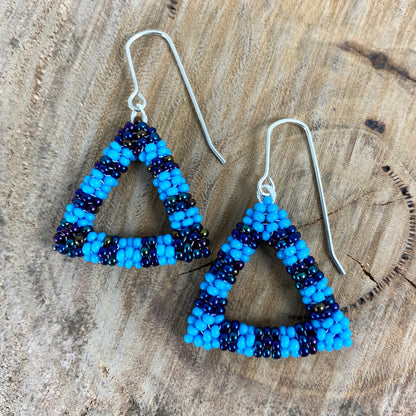 Striped Blue Beaded Triangle Dangle Earrings