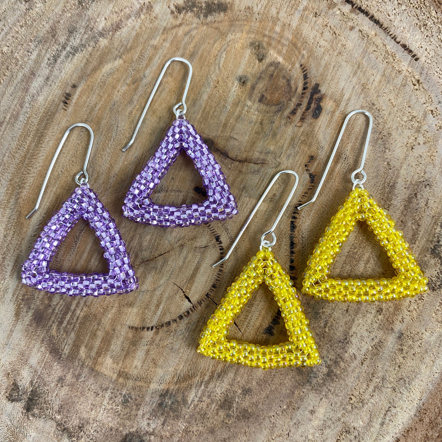 Beaded Triangle Dangle Earrings in Purple or Yellow