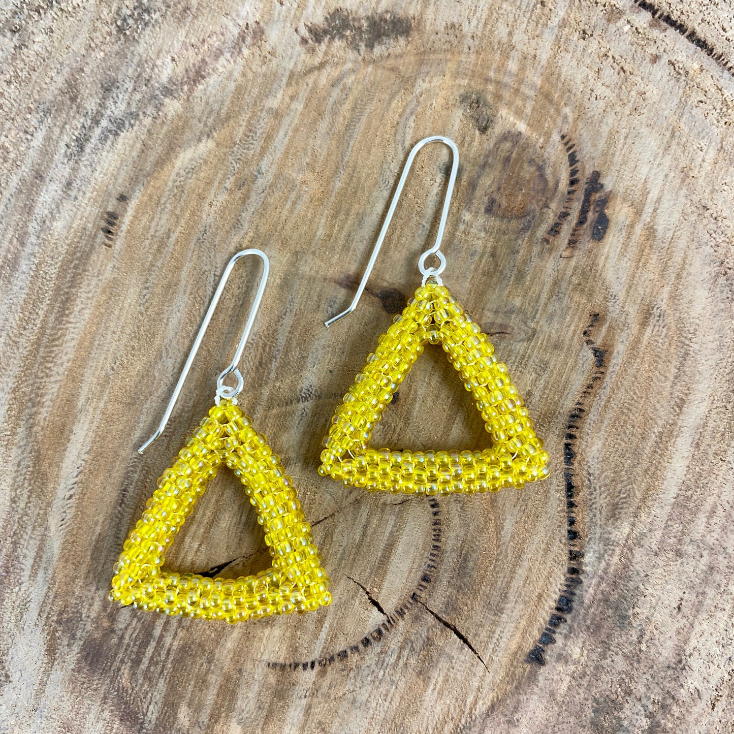 Beaded Triangle Dangle Earrings in Purple or Yellow