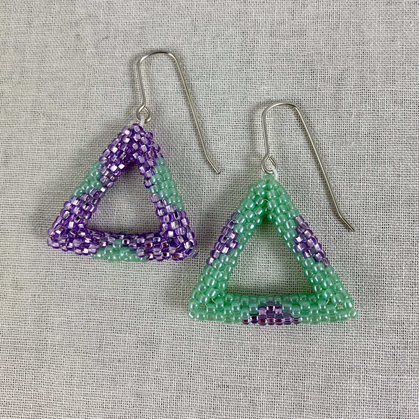 Beaded Triangle Dangle Earrings in Green/Purple or Grey/Yellow