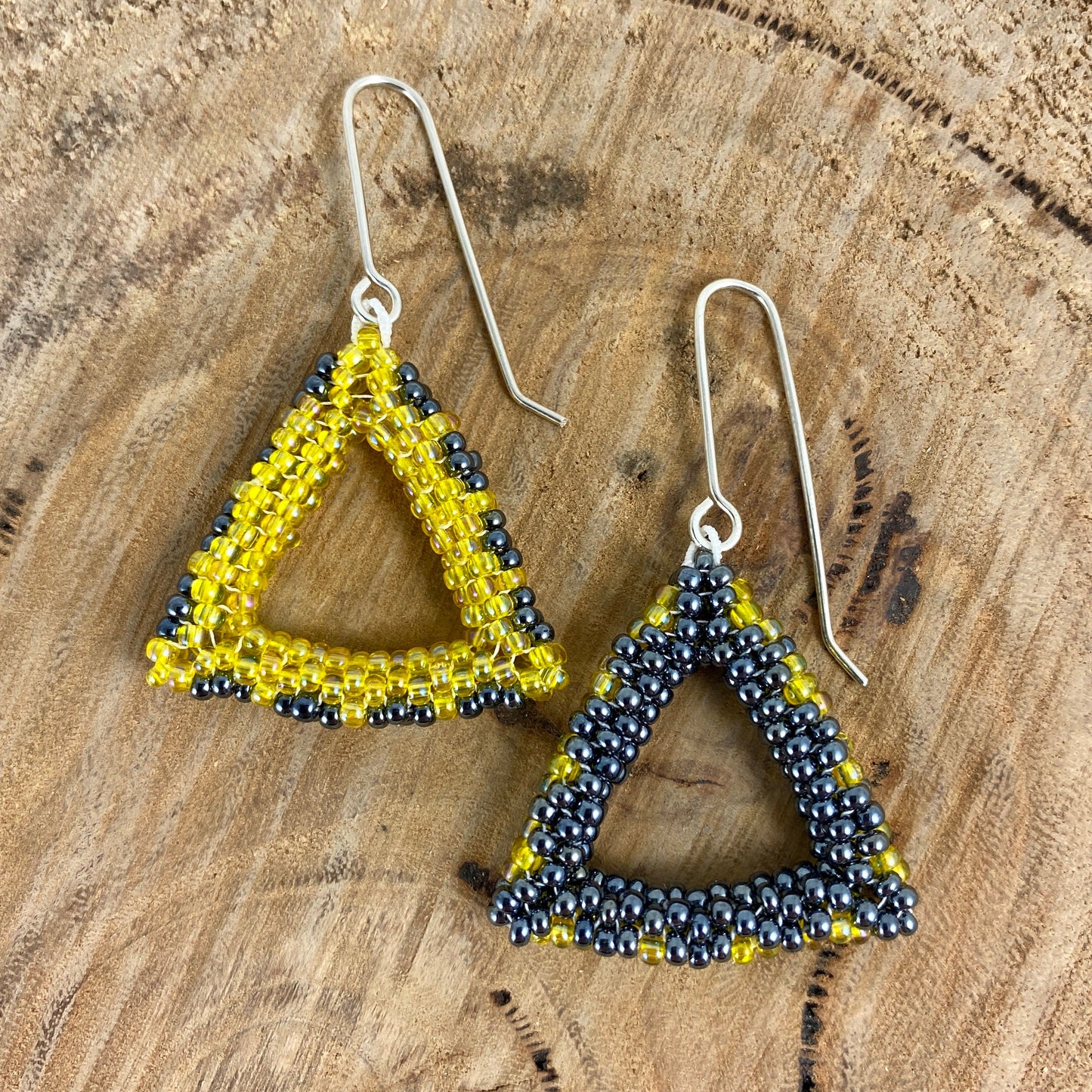 Beaded Triangle Dangle Earrings in Green/Purple or Grey/Yellow