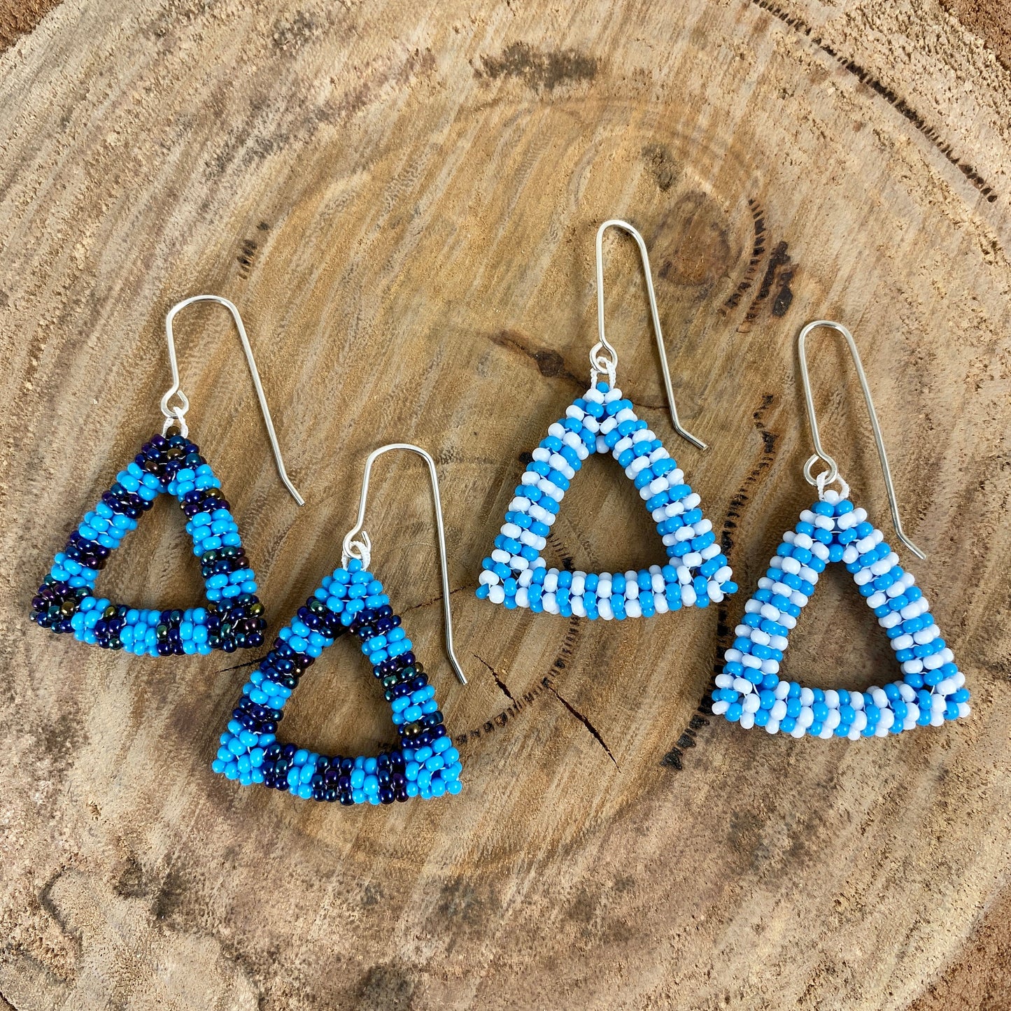 Striped Blue Beaded Triangle Dangle Earrings