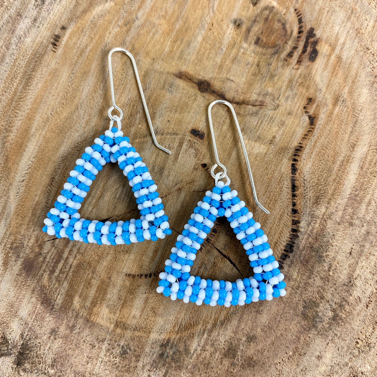 Striped Blue Beaded Triangle Dangle Earrings