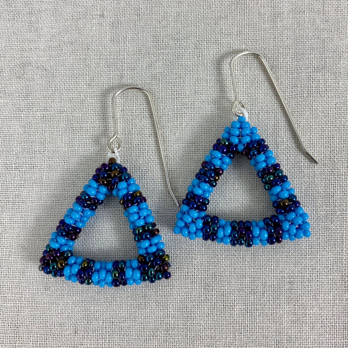 Striped Blue Beaded Triangle Dangle Earrings