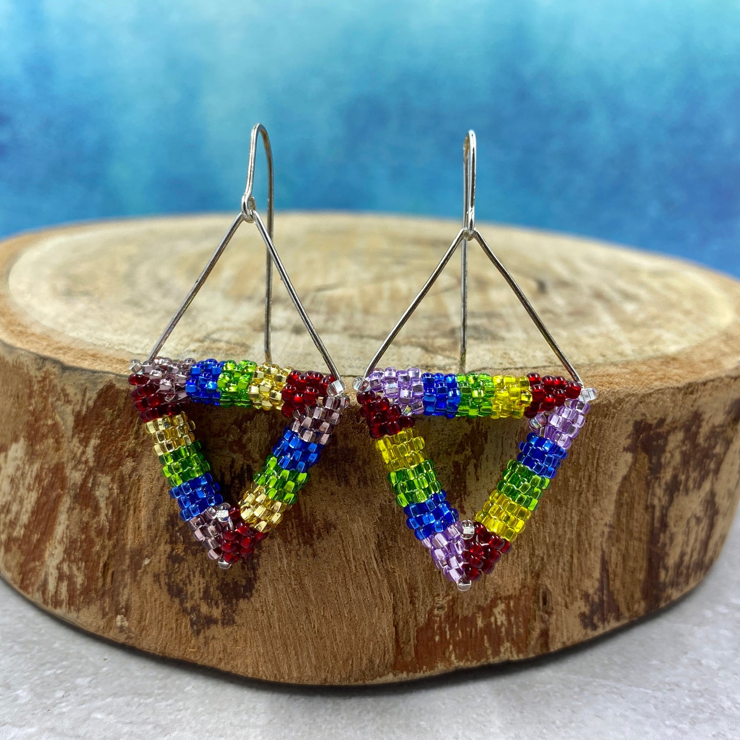 Rainbow Beaded Triangle Dangle Earrings