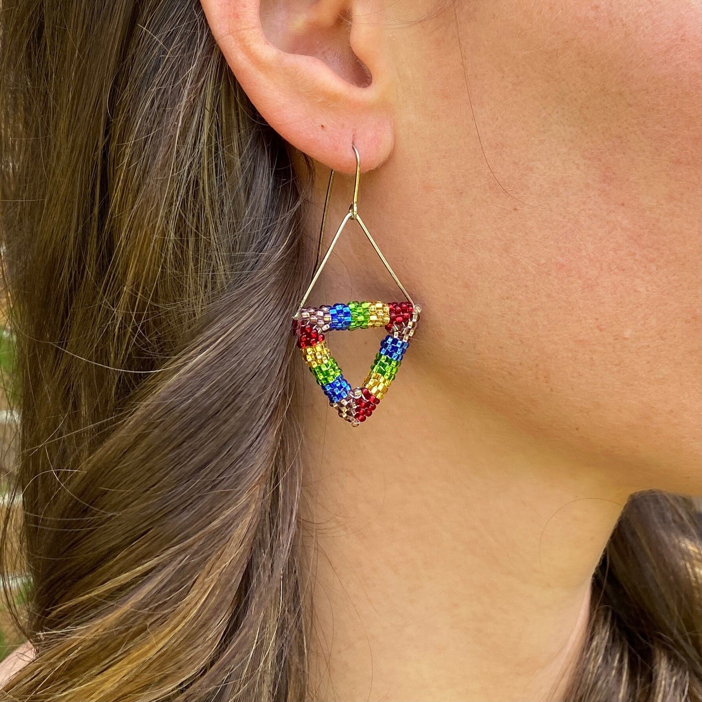 Rainbow Beaded Triangle Dangle Earrings