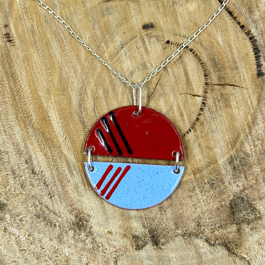 Circle Blue and Red Enamel Pendant & silver chain