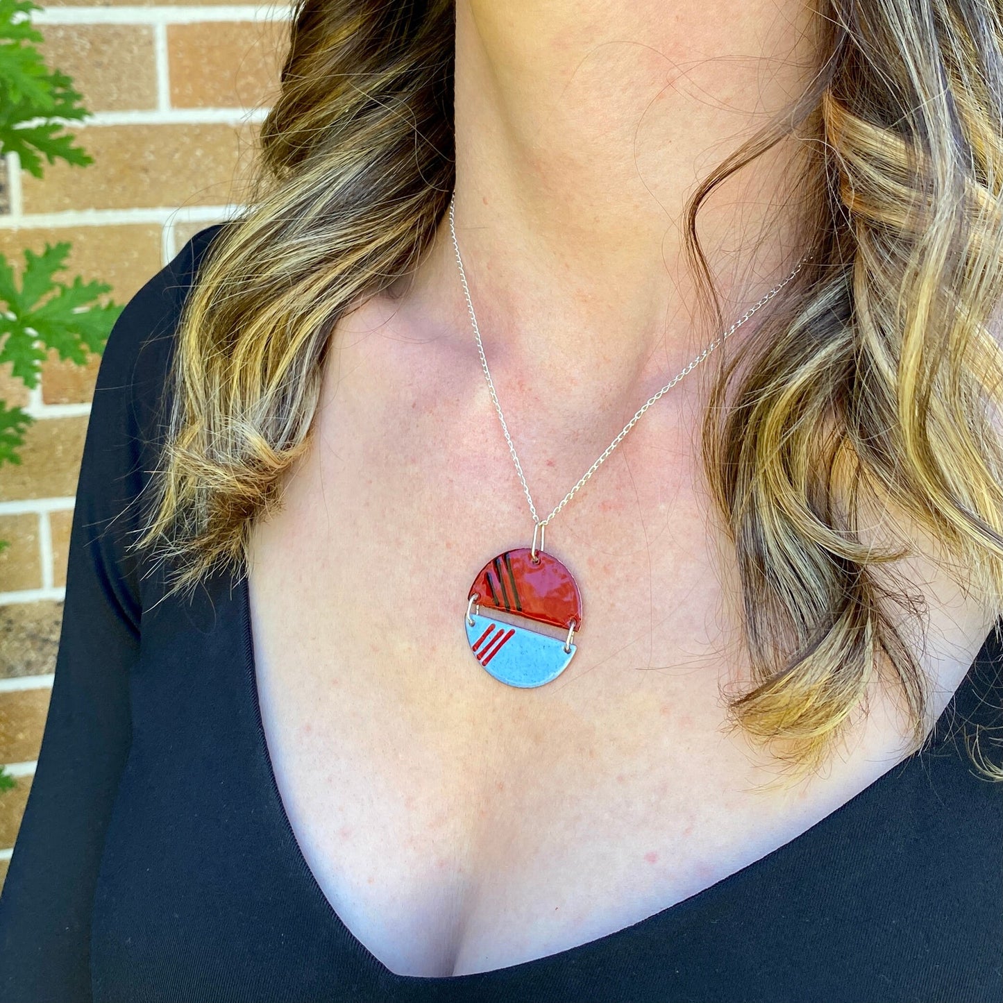 Circle Blue and Red Enamel Pendant & silver chain