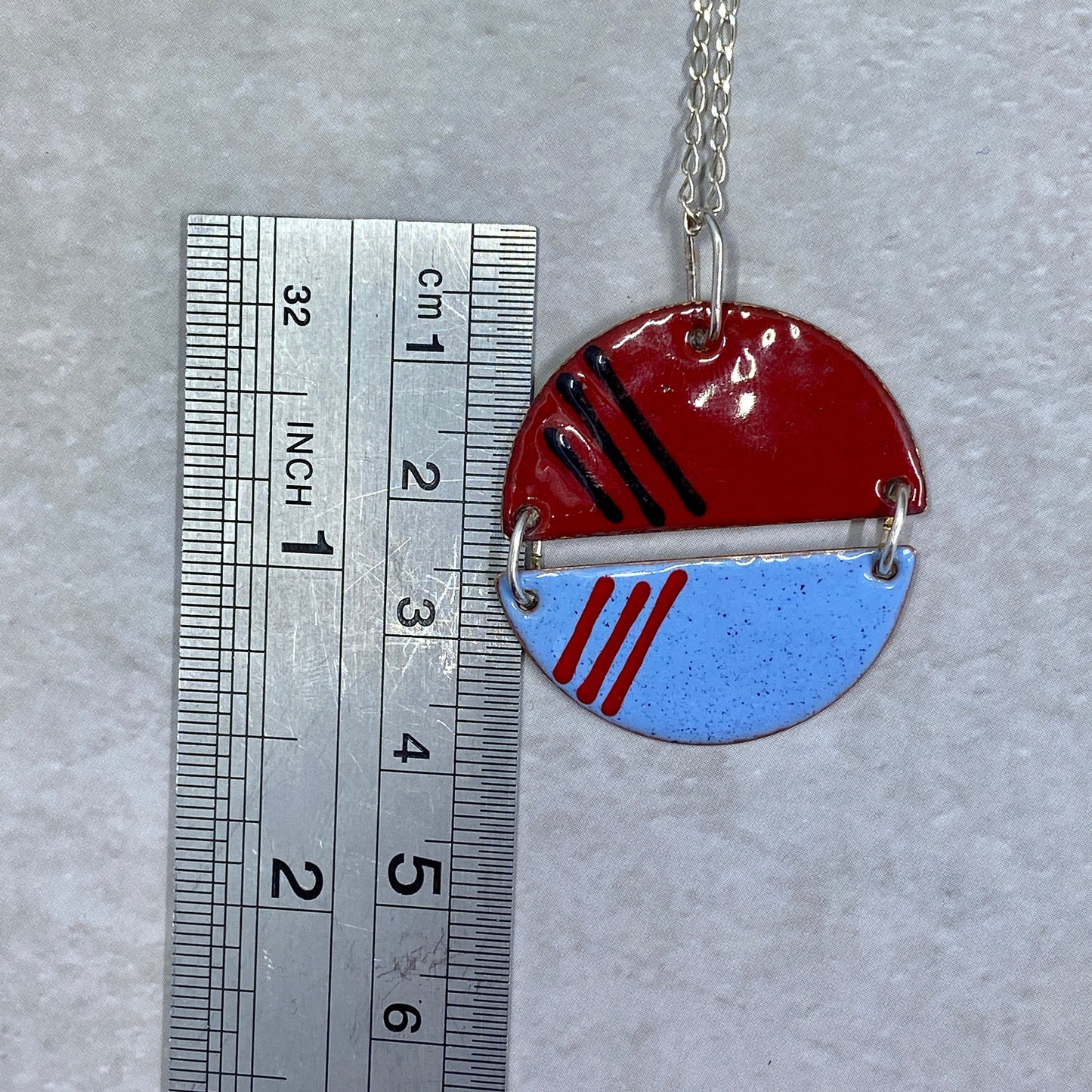 Circle Blue and Red Enamel Pendant & silver chain