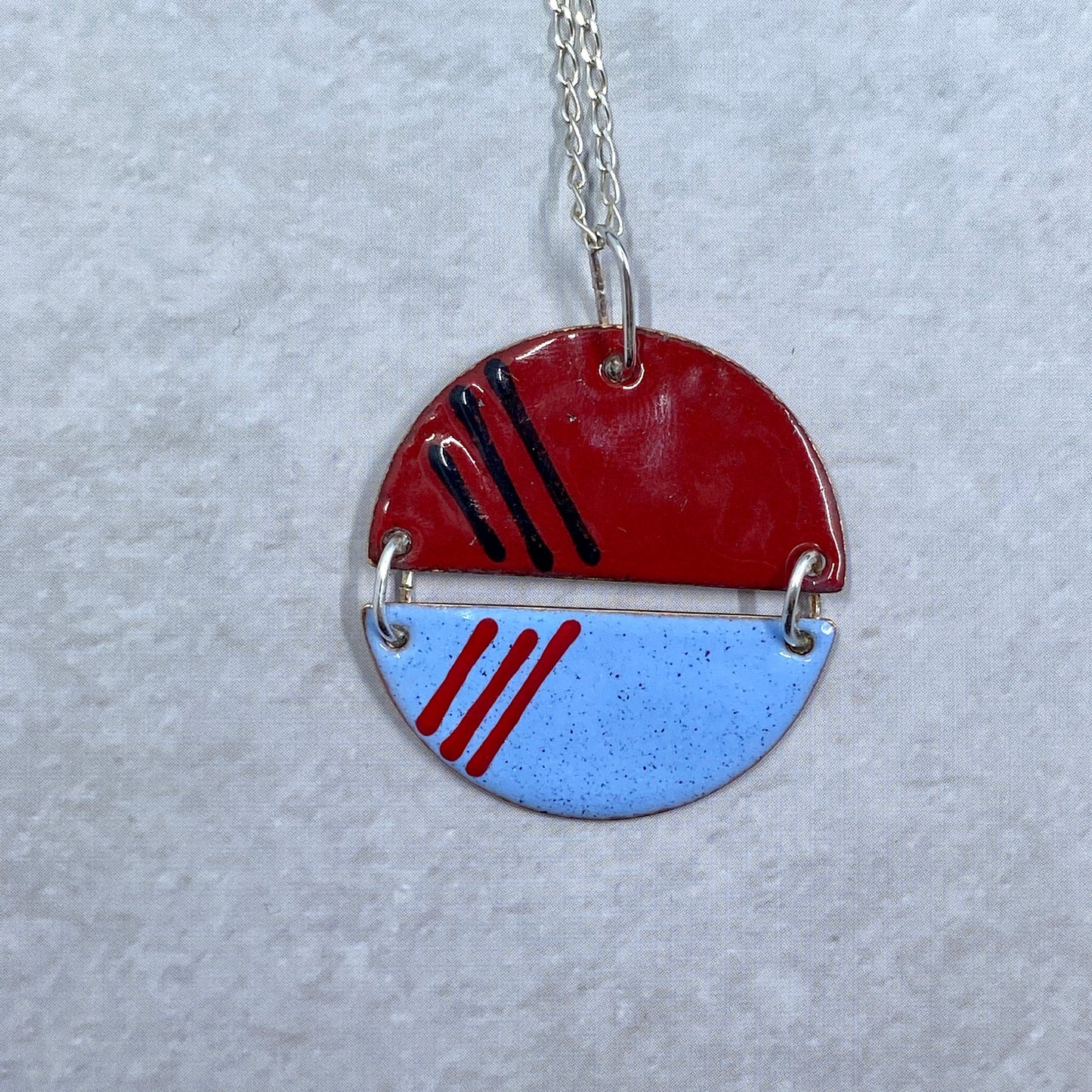 Circle Blue and Red Enamel Pendant & silver chain