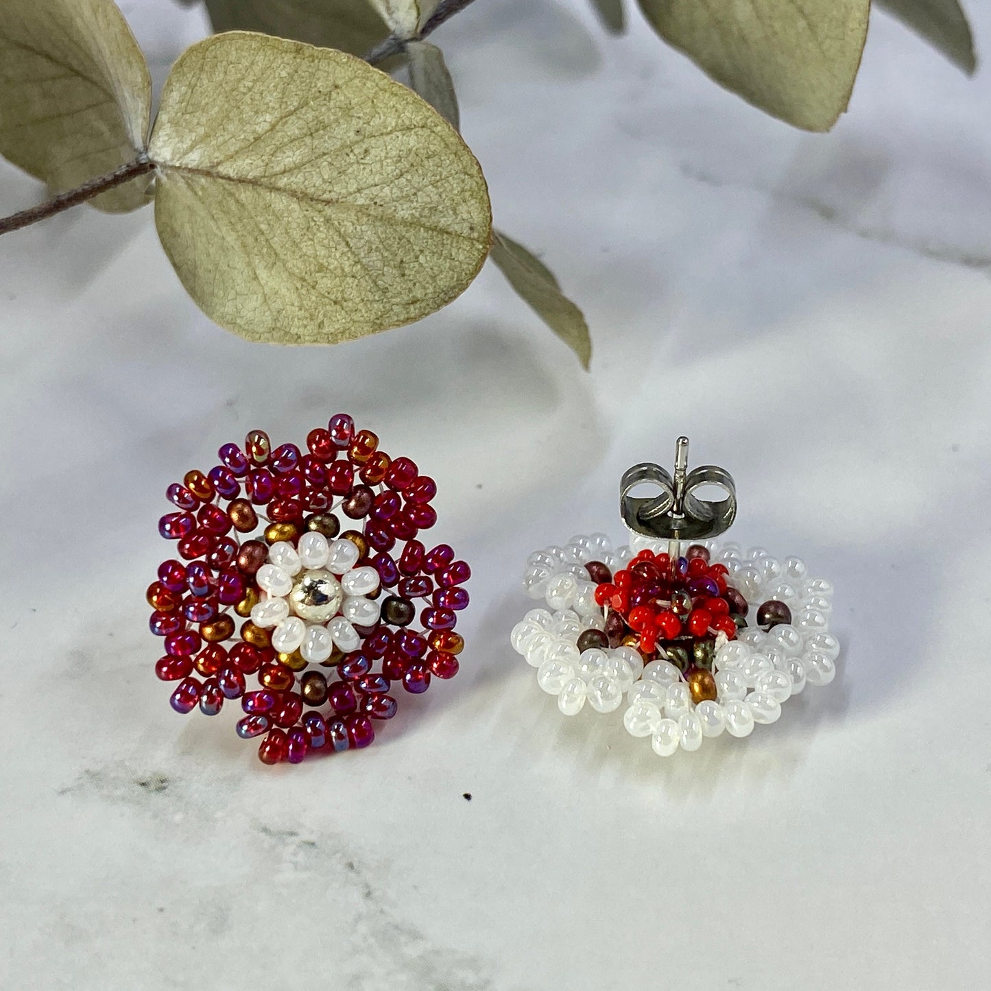 Beaded Flower Stud Earrings - red, white, brown, copper, blue