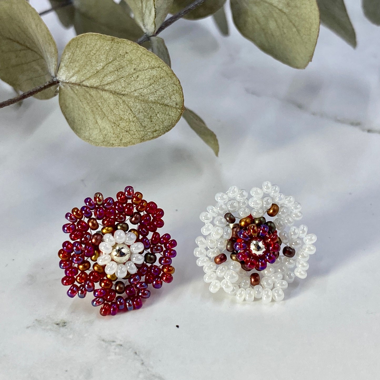 Beaded Flower Stud Earrings - red, white, brown, copper, blue