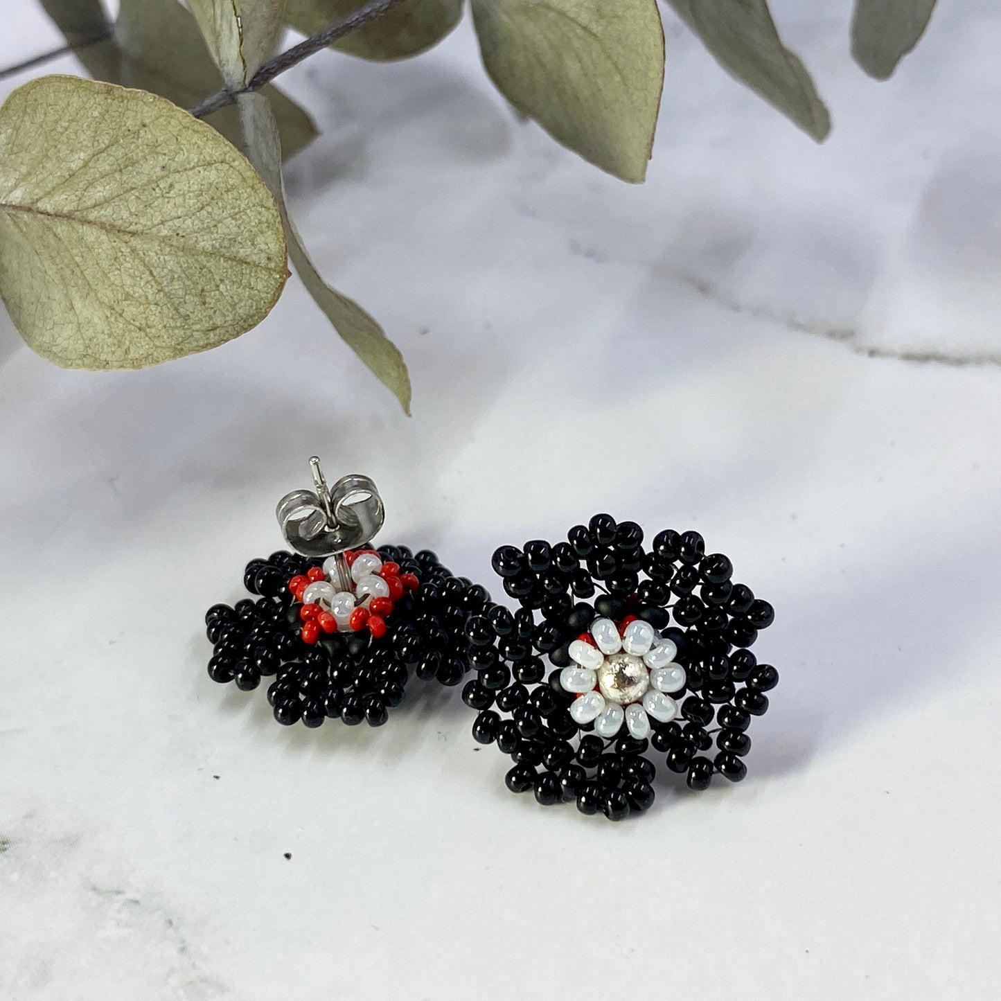 Beaded Flower Stud Earrings - yellow, black, pink, green