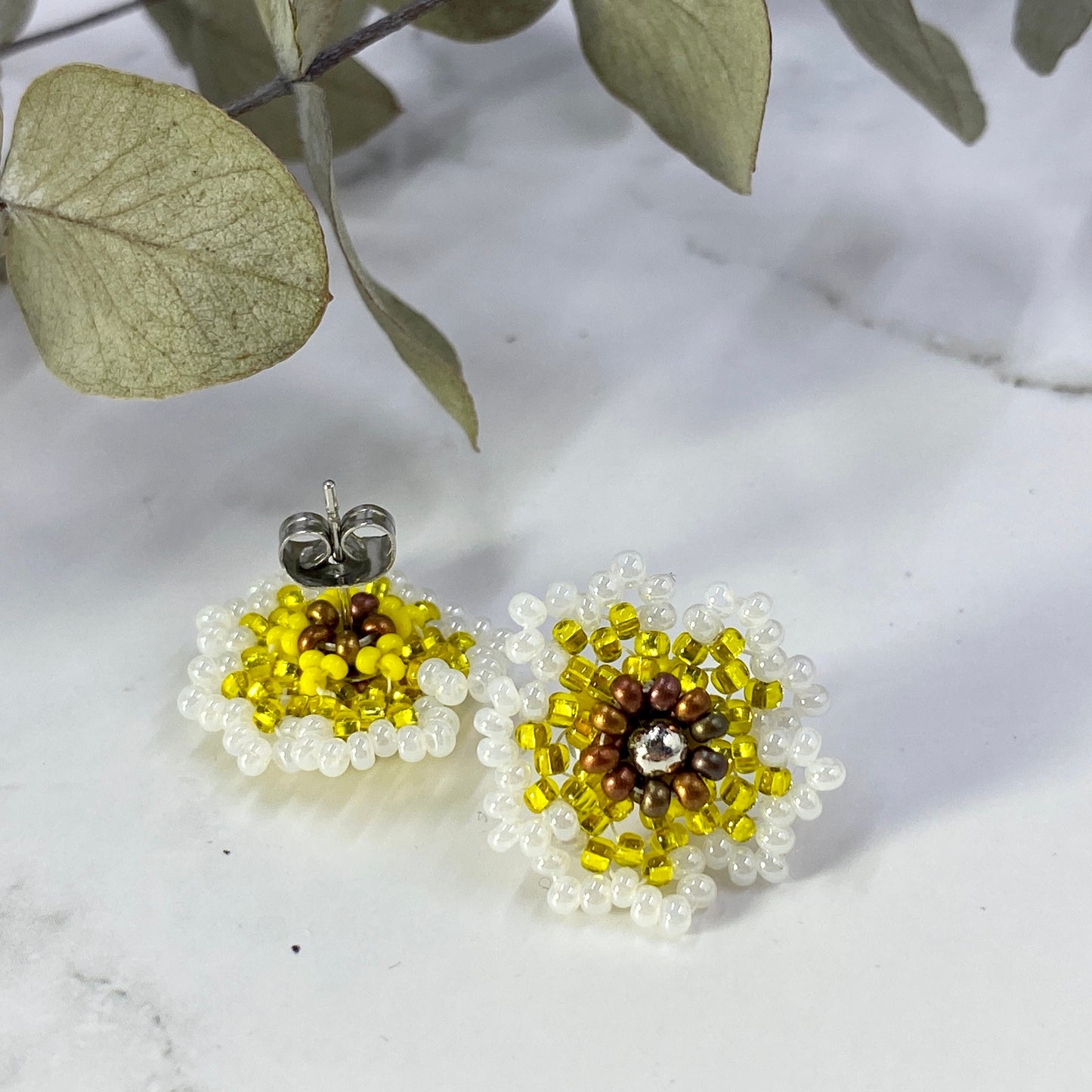 Beaded Flower Stud Earrings - yellow, black, pink, green