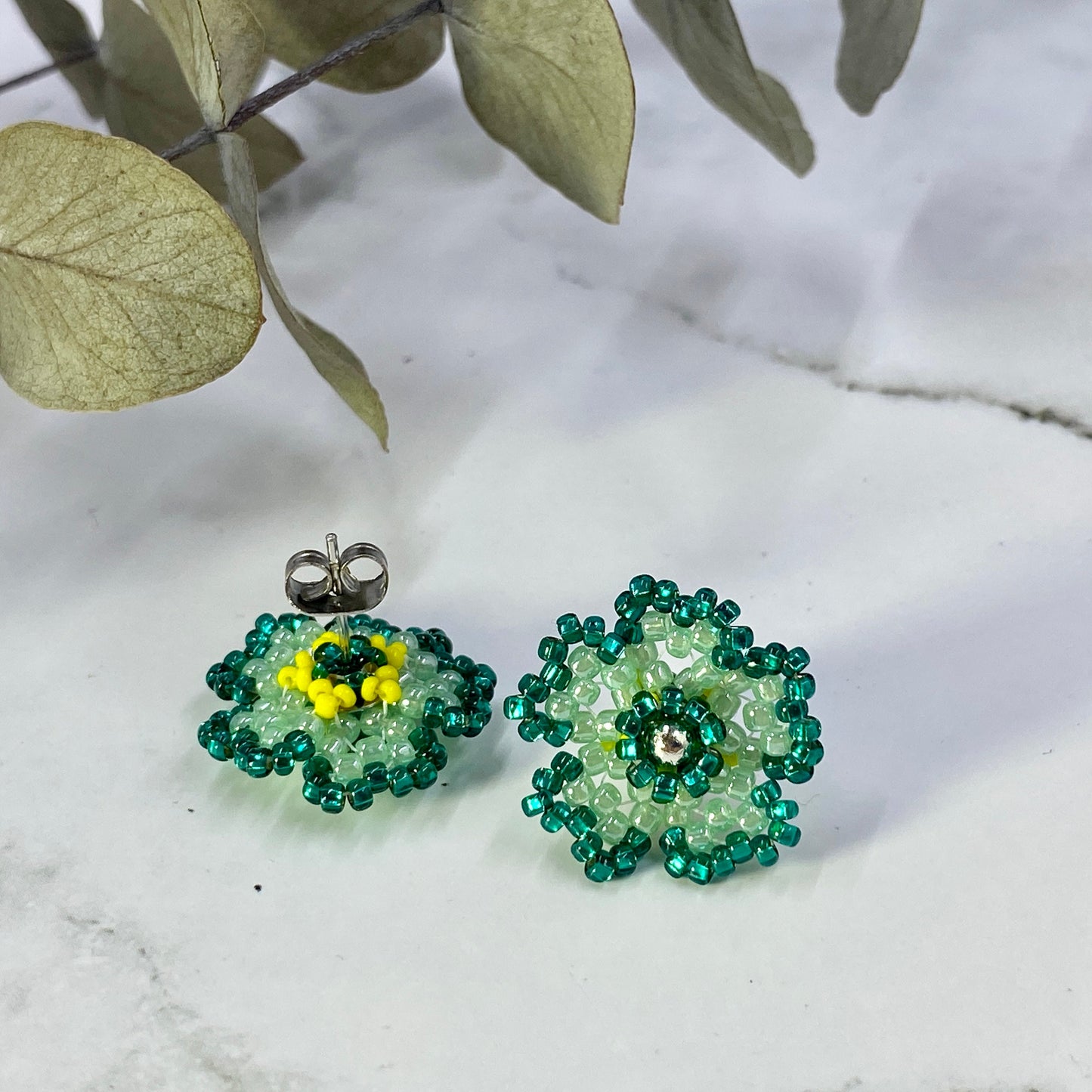 Beaded Flower Stud Earrings - yellow, black, pink, green