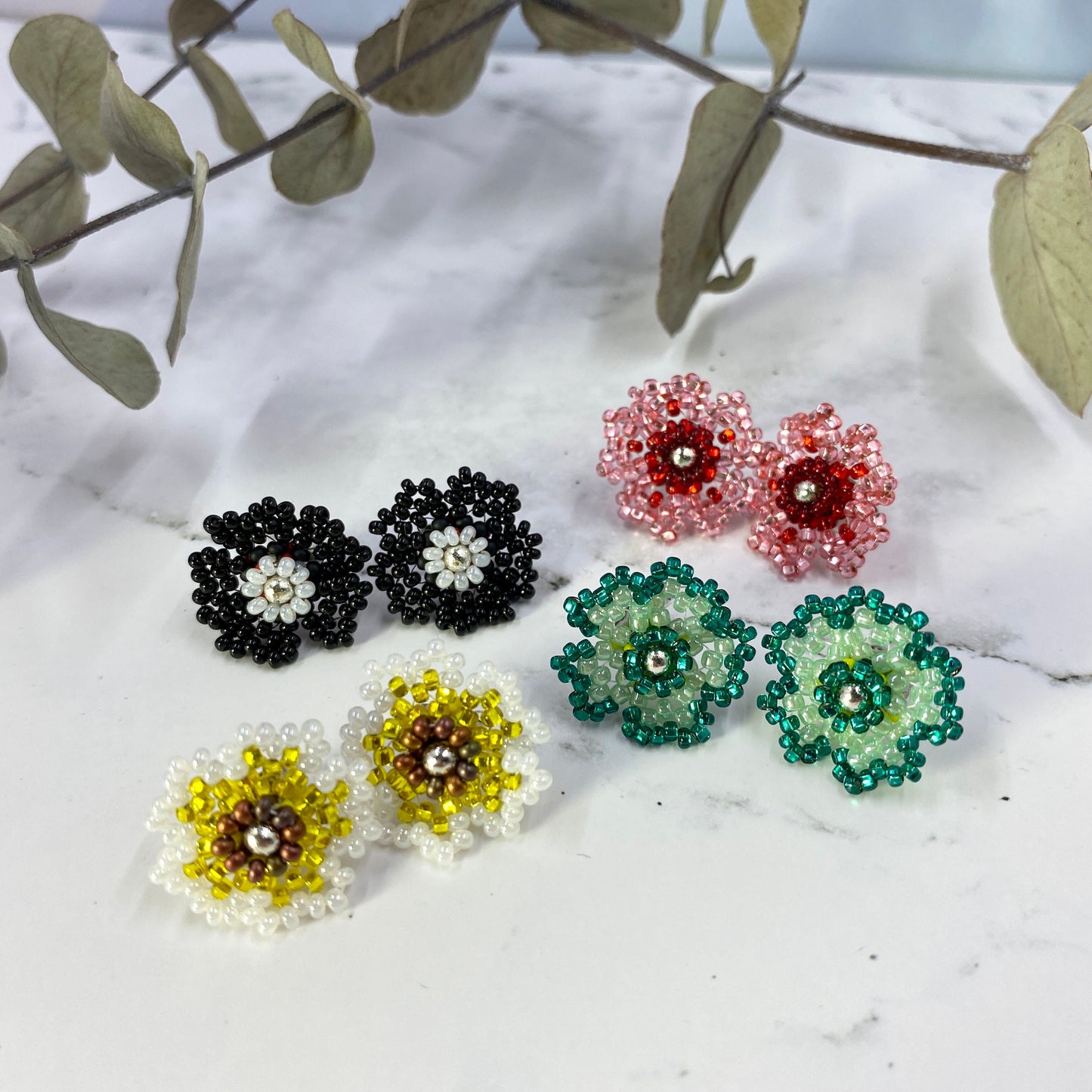 Beaded Flower Stud Earrings - yellow, black, pink, green