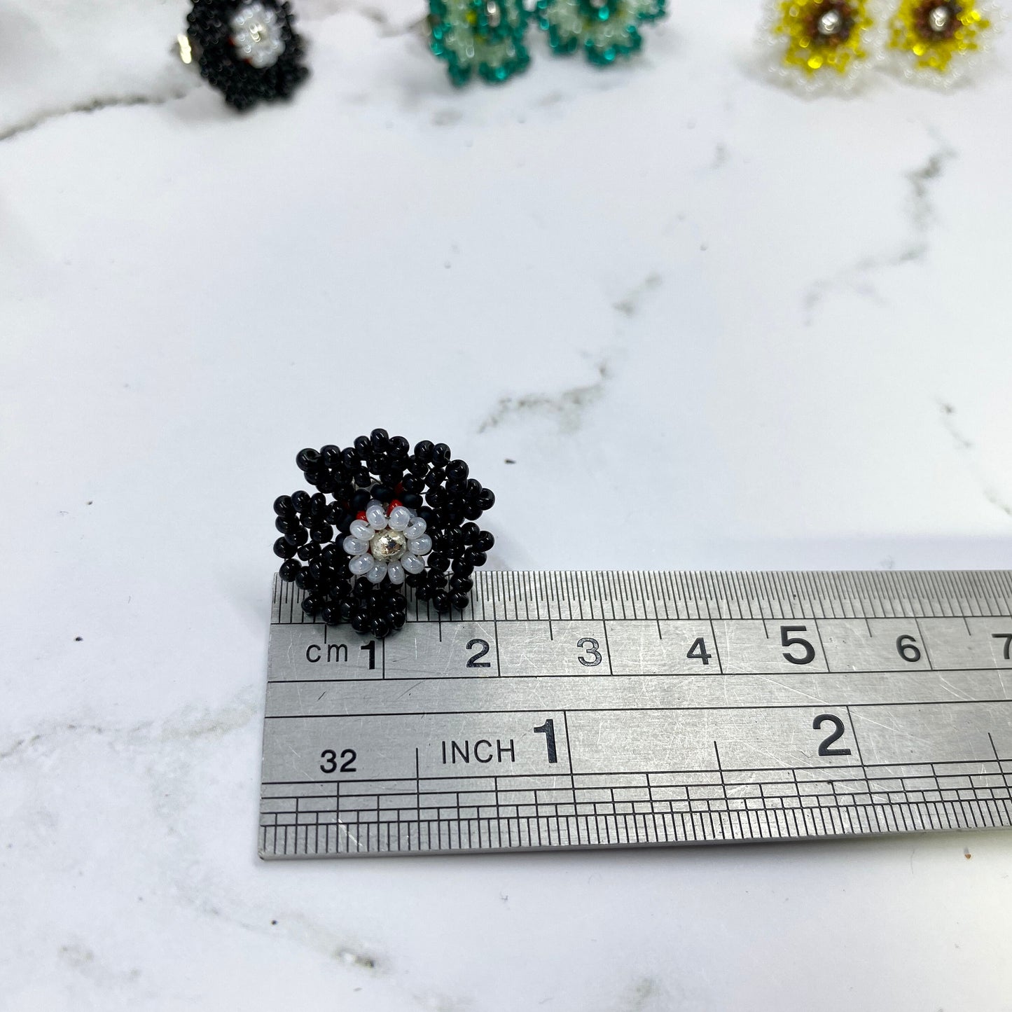 Beaded Flower Stud Earrings - yellow, black, pink, green