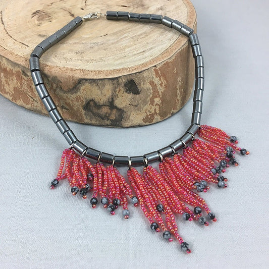 Silver and Red Beaded Necklace - short choker necklace