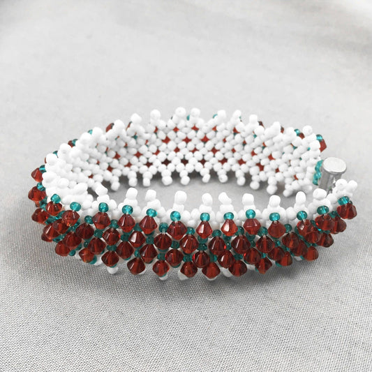 White and Turquoise Beaded Bracelet with Red Crystals