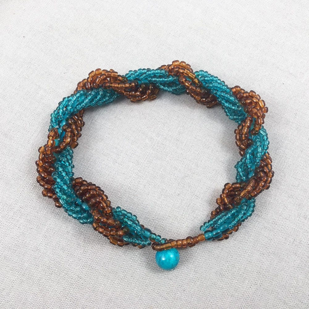 Aqua and brown spiral beaded bracelet