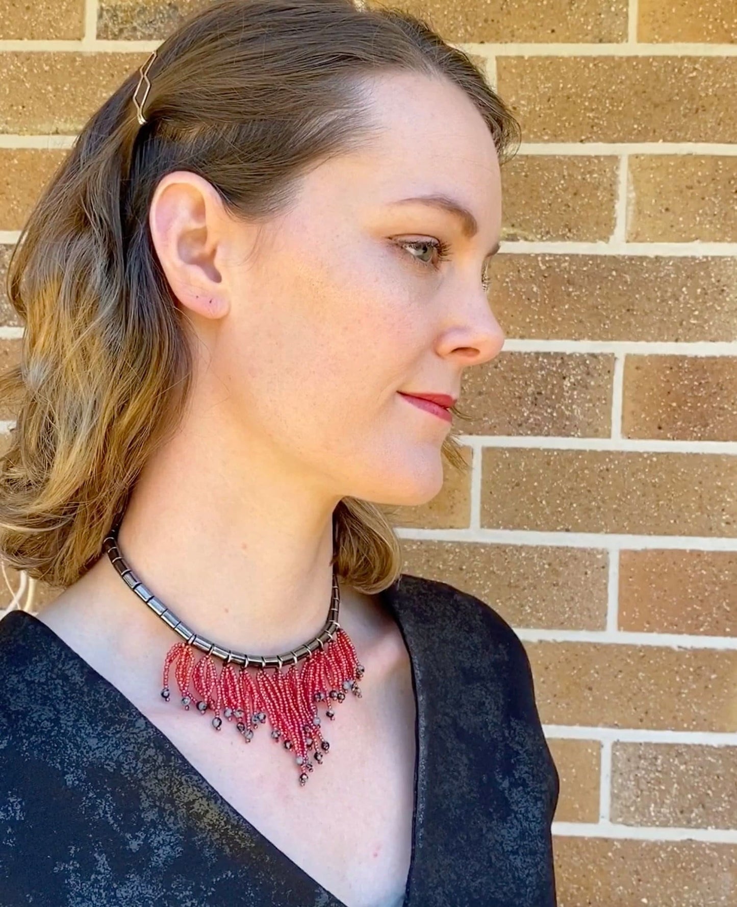 Silver and Red Beaded Necklace - short choker necklace