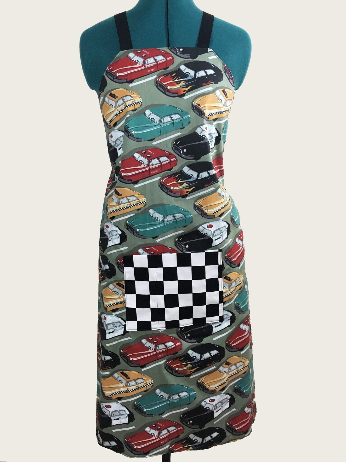 Reversible Apron - Checkered Flag & Vintage Cars